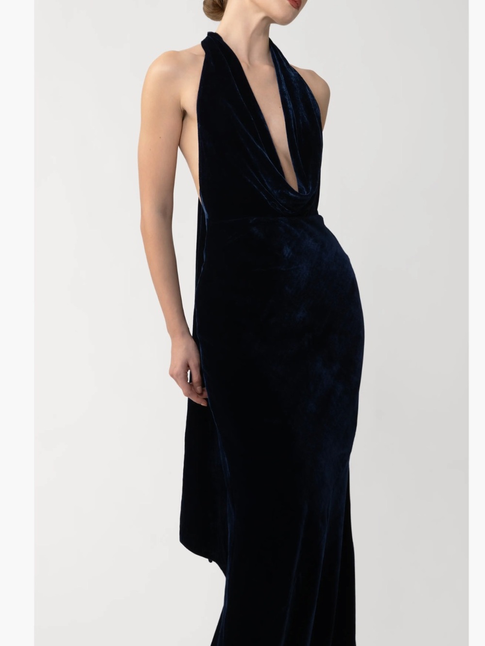 SAU LEE Pearl Cowl Scarf Open Back Strappy Velvet Gown in Midnight Blue - Picture 3 of 10